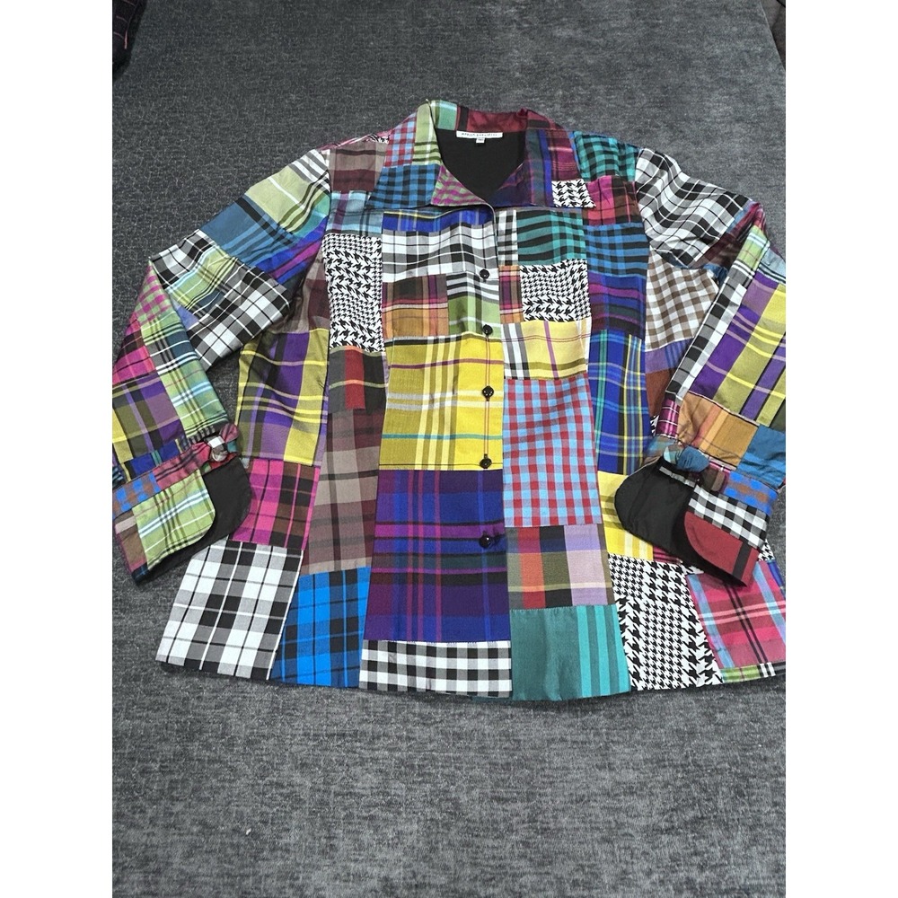 Marisa Baratelli 100% Thai Silk Patchwork Plaid Jacket Size 12 Maximalist 90s